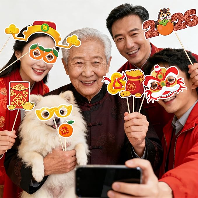 24PCS Chinese New Year Photo Booth Props,Chinese New Year Decoration 2026,Lunar New Year Decorations,Horse Year Paper Photo Props for Spring Festival Lunar New Year Present Game Party Supplies