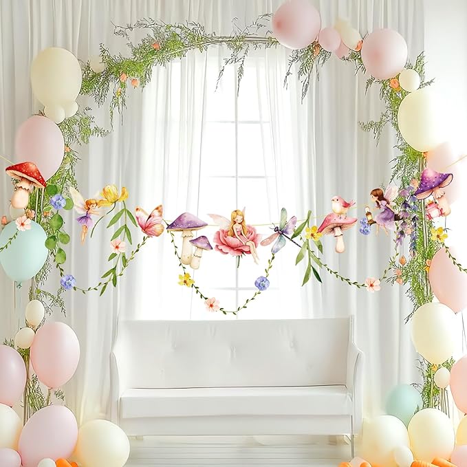 Fairy Party Banner, Fairy First Birthday Party Decorations, Mushroom Flower Banner for Baby Shower Garden First Fairies Tale Theme Girls Birthday Wedding Decor