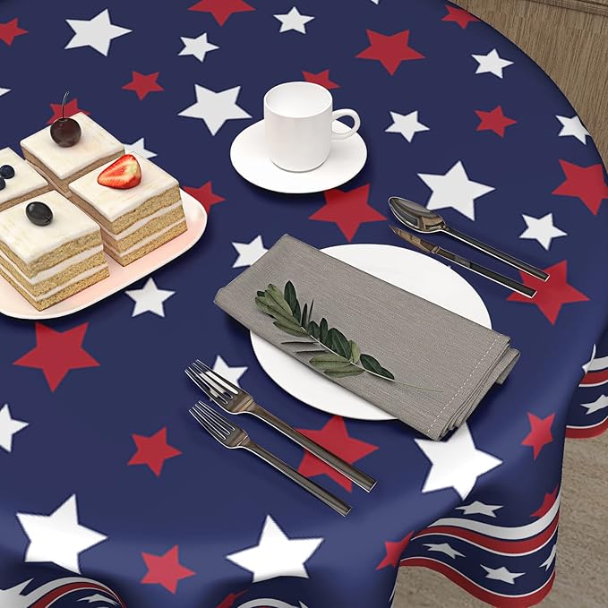4th of July Tablecloth Round 70 Inch Patriotic Independence Day American Flag Table Cloth Washable Navy Blue Memorial Day Table Cover for Kitchen Dinner Room Holiday Picnic Party Indoor Outdoor Decor