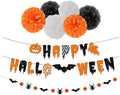 Black Orange White Halloween Party-Decorations - 8pcs Kits Happy Halloween Banner, Tissue Flower Paper Pom Poms Streamers,Bat Decor Garland,Birthday Wedding Baby Bridal Shower Lasting Surprise