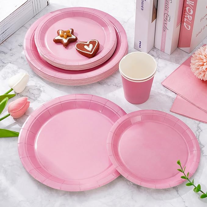 Whaline 100Pcs Valentine's Day Light Pink Tableware Set Wedding Disposable Dinnerware Set 50Pcs Paper Plates 25Pcs Napkins 25Pcs Cups for 25 Guests Wedding Birthday Bride Party Supplies Decorations