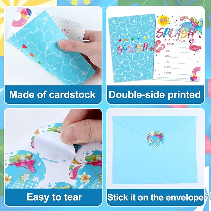 Qyeahkj 36pcs Pool Birthday Party Invitations for Girls Swimming Pool Party Invitation Card with Envelopes and Stickers for Kids Boys Baby Shower Summer Hawaiian Beach Party Favor Supplies Decorations