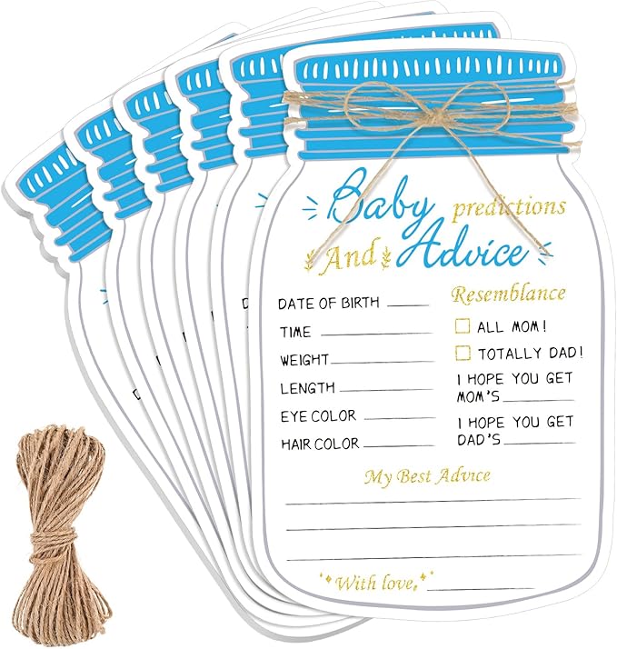 Lincia 50 Pcs Baby Shower Prediction and Advice Cards Blue Mason Jar Baby Prediction Cards for Girl or Boy Gender Reveal Decorations Gender Neutral Decor Activity Games Keepsake for New Parents