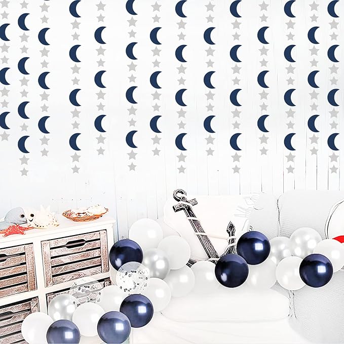 Navy-Blue Silver Moon-Star Party-Decorations Garland - 52Ft Twinkle Little Star Hanging Decoration Streamers Banner, Eid Ramadan Mubarak Decoration Birthday Wedding Baby Shower Party Decor Panduola