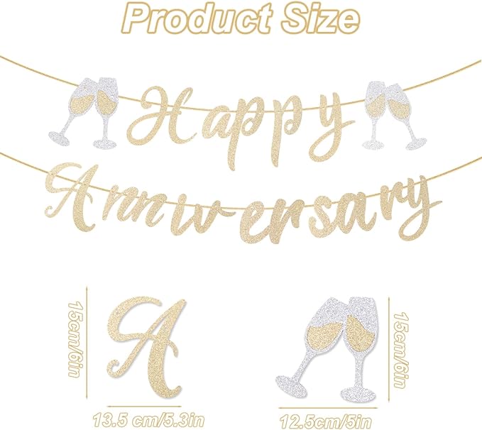 Happy Anniversary Banner, Pre-Strung Glitter Anniversary with Champagne Gold Wine Glass Design for Wedding Party & Celebration Decorations (Champagne Gold)