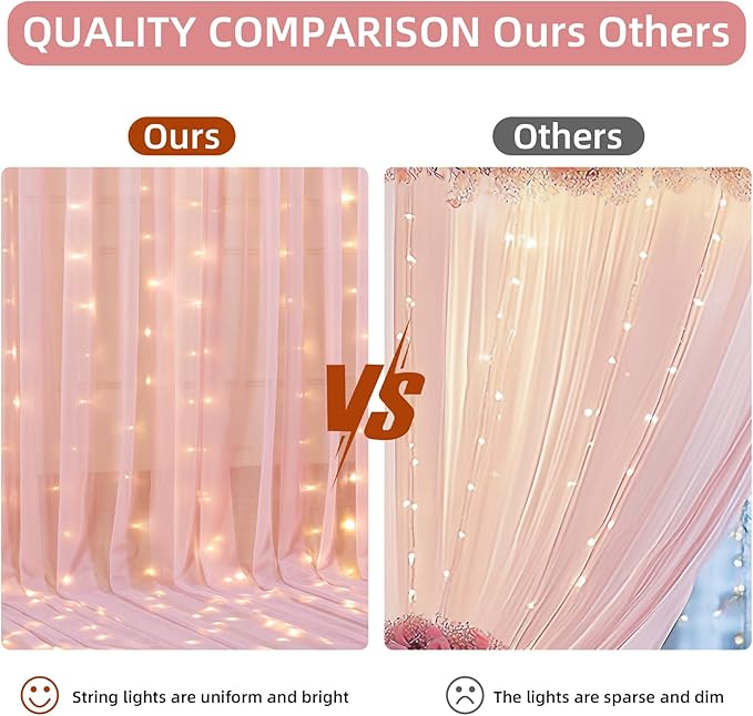 10x10FT Pink Wrinkle Free Backdrop Curtains with Lights String for Parties - Photo Curtain Backdrop with Lights for Wedding Decorations, Bridal Baby Shower Birthday Party Photography Background