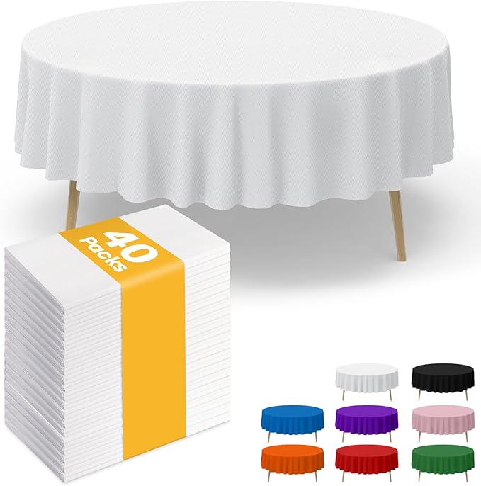 White Plastic Table Cloth Round Table 40 Pack, 84'' Tablecloth for Round Tables, Table Cloth for Disposable Use, Table Cover for Holiday Party, Gathering