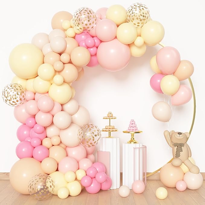 Amandir 153pcs Pink and Yellow Balloon Arch Garland Kit, Different Sizes 18 12 10 5 inch Pink Pastel Yellow White Sand Cream Gold Confetti Balloons for Birthday Party Bee Bear Shower Decorations