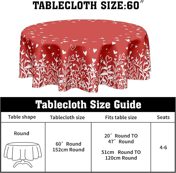 Valentine's Day Round Tablecloth 60 Inch Red Heart Pattern Circle Table Cloth Spring Holiday Table Cover Washable Polyester Decorations for Home Kitchen Dinning Party