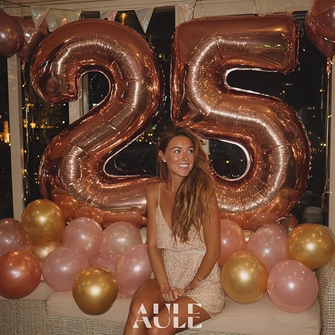 AULE 40 Inch Large 25 Number Balloons Rose Gold Big Foil Number Balloons Giant Helium Happy 25th Birthday Party Decorations for Women Huge Mylar 52 Anniversary Supplies