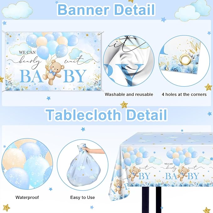 270 Pcs Blue Bear Baby Shower Decorations: We Can Bearly Wait Baby Shower Banner Disposable Plates Napkins Cups Tablecloth Balloons for Boy Serve 24