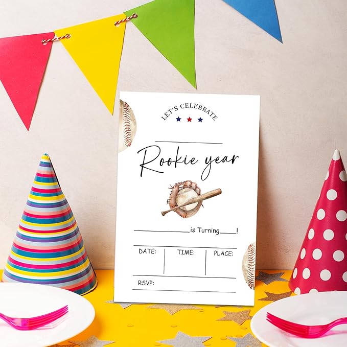 Rookie Year First Birthday Invitations, 1st Invites for Girls Boys, 20 Pcs Double-Sided Fill In Invitations with Envelopes, Birthday Party Favor & Supplies 6 x 4 Inch
