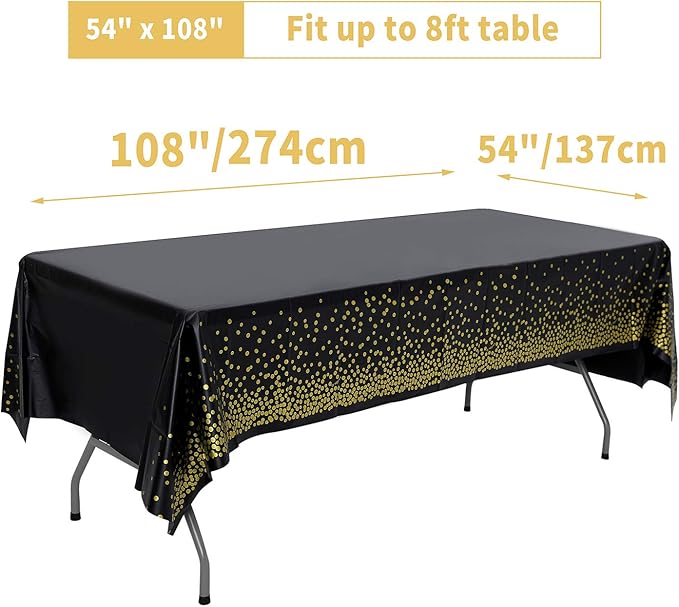 108"x54" 4 Packs Black and Gold Disposable Party Tablecloth for Rectangle Table, Gold Stamping Dot Confetti Rectangular Plastic Table Cover, for Graduation, Birthday, New Year Eve 2026