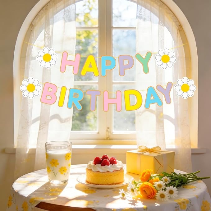 MEETINGU Daisy Flower Happy Birthday Banner,Multi Color Happy Birthday Banner,Daisy Party Decorations, Daisy Themed Birthday Banner for Girls Boys Women Kids, Daisy Birthday Party Decorations