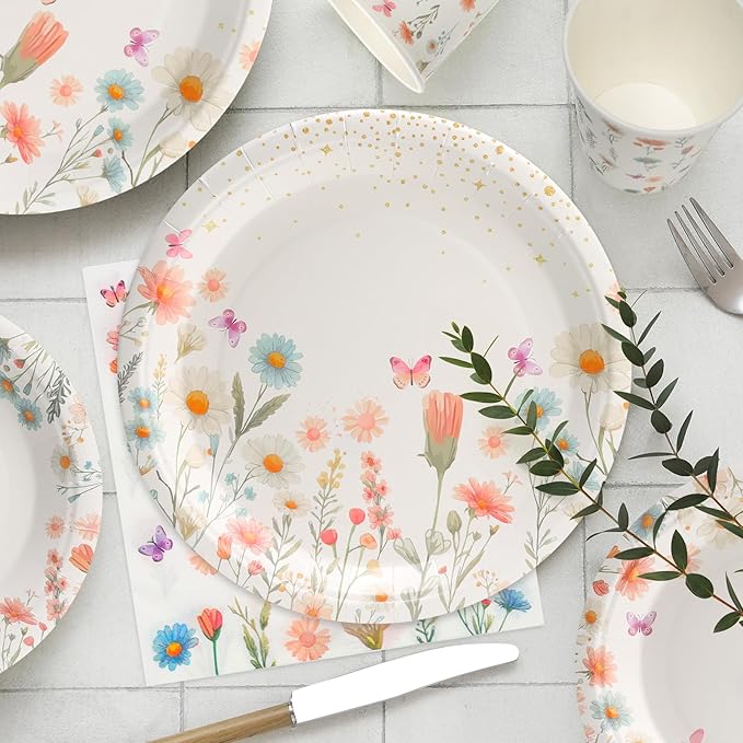 80pcs Floral Paper Plates - Wildflower Plates, Cups and Napkins for 20 Guests Spring Garden Picnic Wedding Tea Kids Birthday Party Supplies Decorations