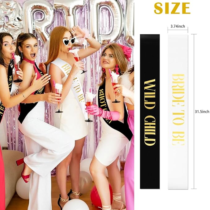 18 Piece Bachelorette Party Sashes Set - 1 White Bride Sash & 17 Black Bridesmaid Sashes with Gold Lettering, Pre - Wedding Bridal Shower Favors