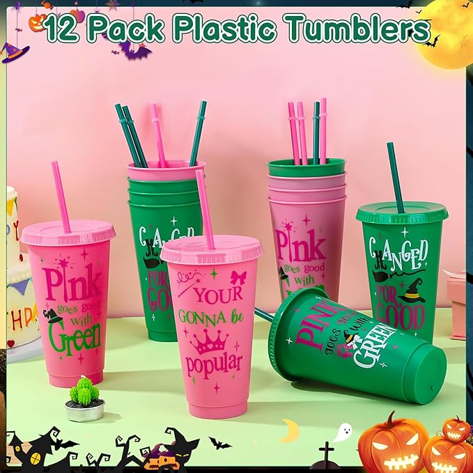 12 Pcs Pink Green Plastic Cups with Lids and Straws 24 oz Reusable Tumbler for Witch Princess Enchanted Theme Parties Birthdays Bachelor Party Decoration