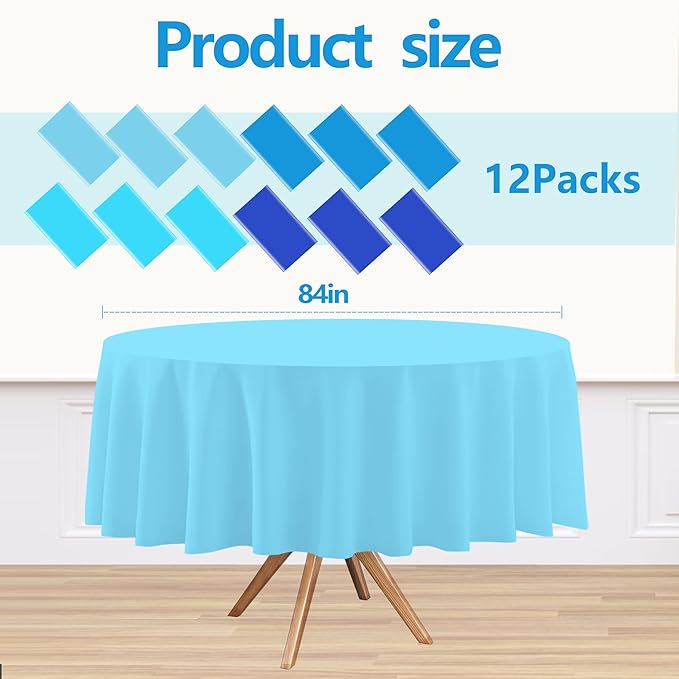 12 Pack Blue Round Disposable Tablecloths, Waterproof Plastic Table Covers for Wedding Birthday Baby Shower Party Decor, 84 Inches