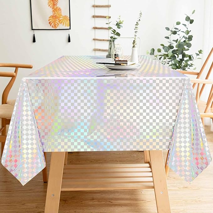 1 Pack White and Iridescent Checkered Tablecloth Shiny Disposable Holographic Foil Table Cloth Plastic Laser Rectangle Table Cover for Picnic Birthday Party Race Car Tablecloth
