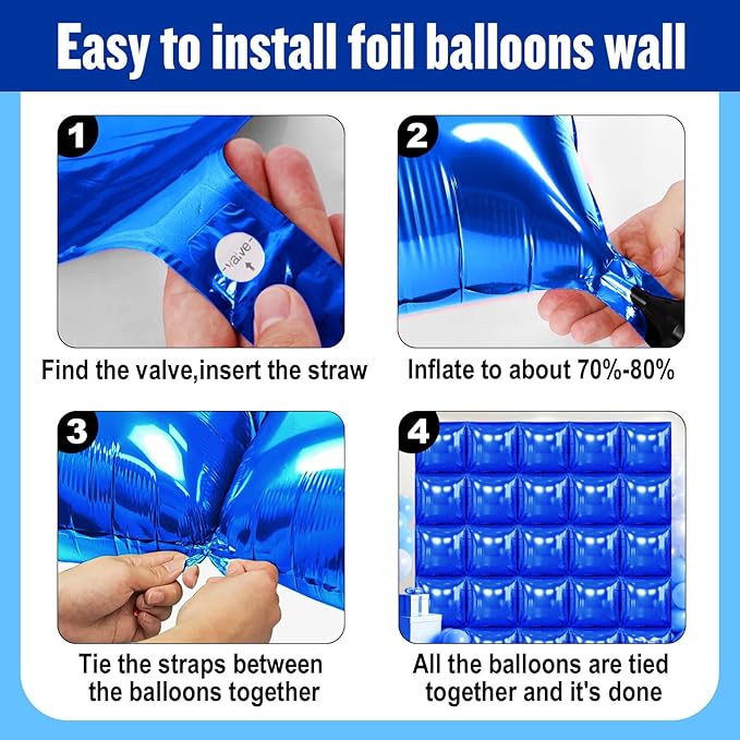 25Pcs Dark Blue Square Foil Balloons Wall Backdrop, Double Sided Metallic Foil Balloons Tunnel Arch Garland Kit for Photo Booth Birthday Wedding Graduation Halloween Party Decorations