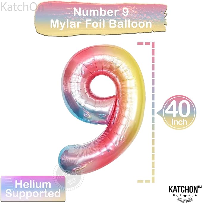 KatchOn, Huge 40 Inch, Rainbow 9 Balloon - Cloud 9 Party Decorations | Nine Balloon for On Cloud 9 Birthday Decorations for Girls | 9th Birthday Decorations for Girls | Rollerskating Birthday Party