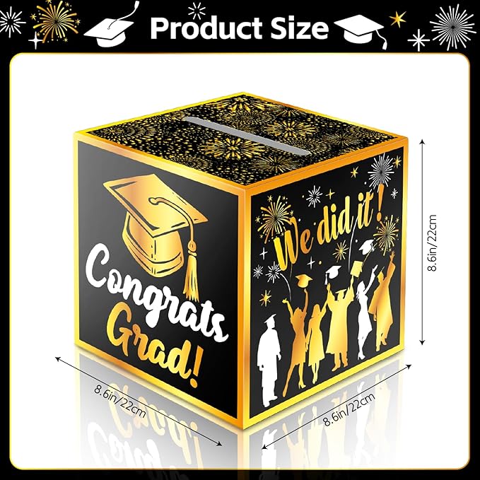JWSCYSY Graduation Card Box Holder, Congrats Grad Foldable Cardboard Decorations Box for Graduation Party Favors Decor Party Supplies (Black Gold)