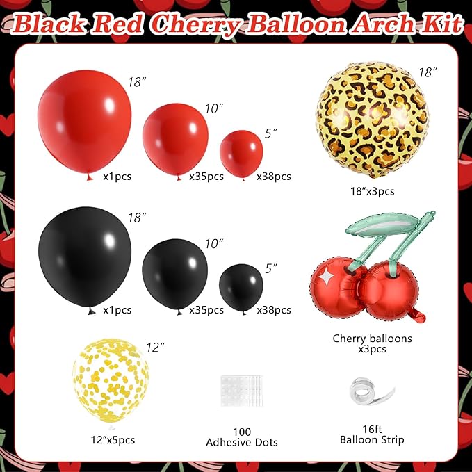 JOGAMS 165Pcs Betty Party Decorations,Cheetah Print Red and Black Party Decorations with Gold Confetti Cherry Cheetah Print Balloons for Bachelorette Birthday Baby Shower Vintage Retro Party
