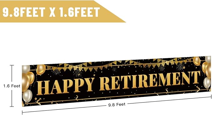 Large Happy Retirement Banner, Black and Gold Retirement Banner Sign, Party Decorations Supplies (9.8x1.6ft)