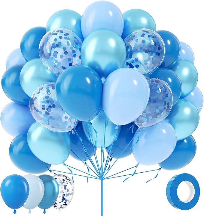 Metallic Blue Balloons, 80Pcs 12inch Chrome Light Macaron Matte Latex and Confetti Balloons for Birthday Wedding Baby Shower Party Supplies Decorations