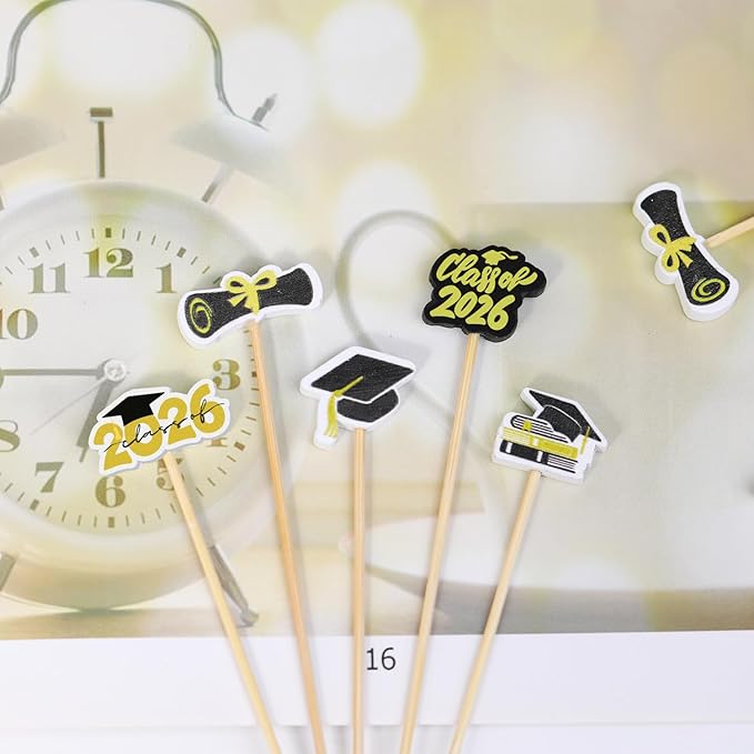 100Pcs Graduation Cocktail Picks, Class of 2026 Grad Theme Decor Toothpicks Fruit Sticks Skewers with Topper for Appetizers Charcuterie Accessories Congrats Grads Decorations Themed Party Supplies