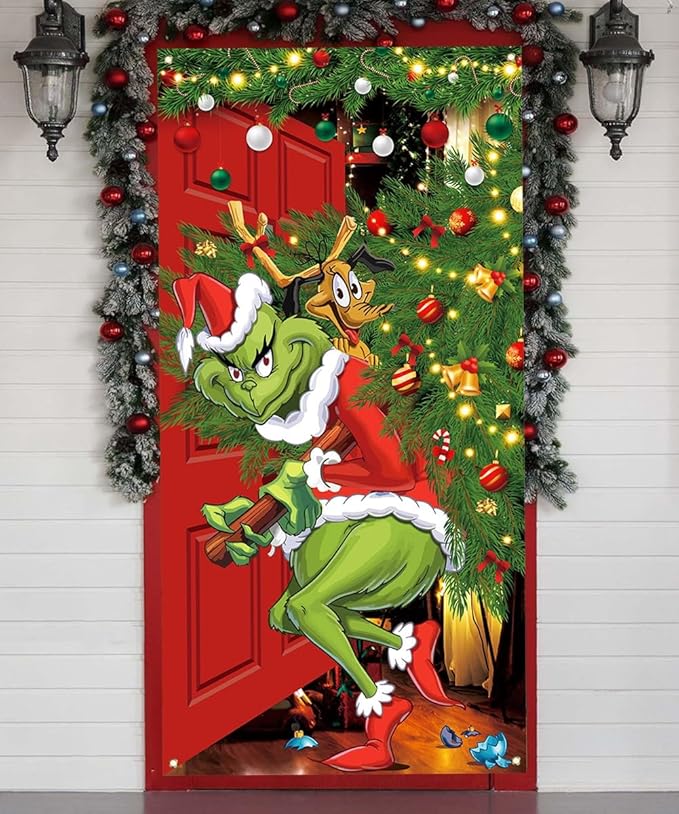 Merry Grinchmas Banner, 71 x 35in Polyester, New Year Christmas Decor for Home Party