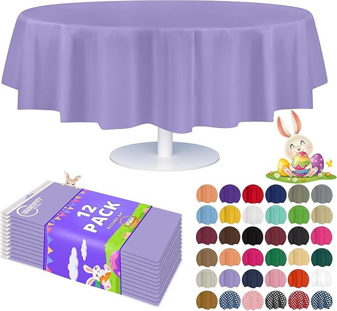 Grandipity 12 Pack Premium Disposable Plastic Tablecloth 84" Inch Decorative Round Table Cover - Lavender