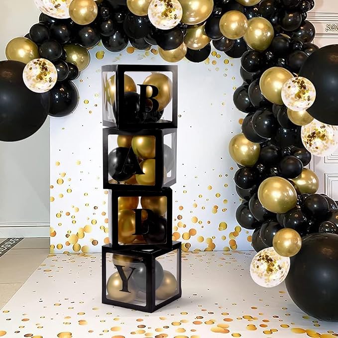 Baby Boxes with Letters for Baby Shower, 4 Transparent Balloon Boxes with Letters for Gender Reveal Birthday Wedding Baby Shower Decorations (Black)