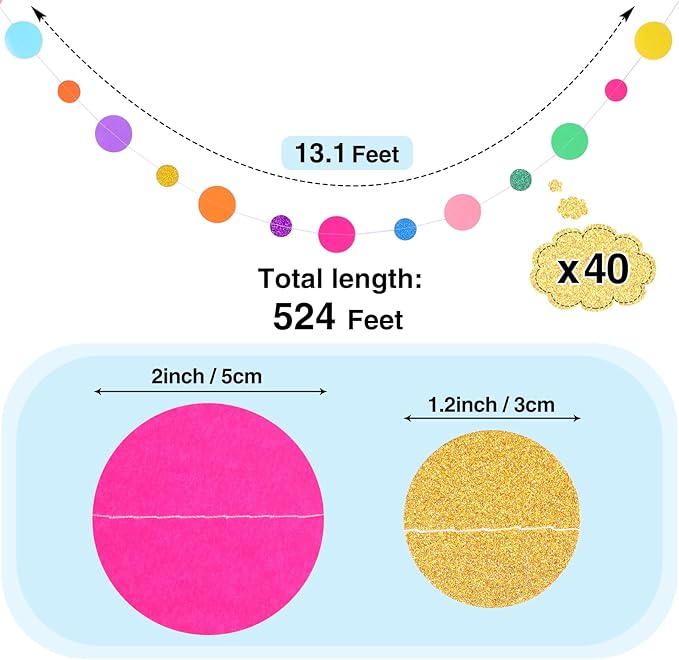 Outus 40 Pieces Colorful Dots Paper Garland Easter Decor Round Glitter Hanging Confetti Streamers Backdrop for Spring Birthday Classroom Halloween Trunk or Treat Car Decoration (Rainbow)