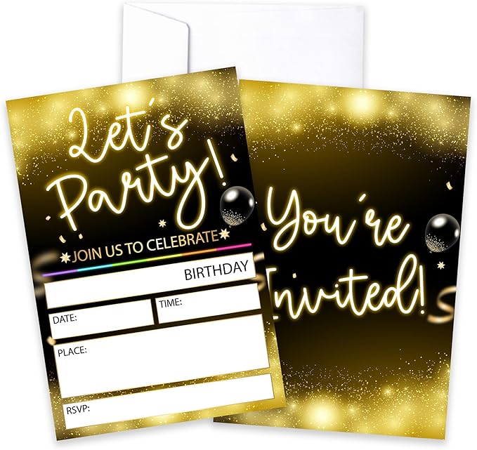 CLIRBE Let's Party Birthday Party Invitations, Golden And Black Invited Birthday Invitations For Teen Boys Girls, 20 Invites Cards With 20 Envelopes, Party Supplies Favors -H13