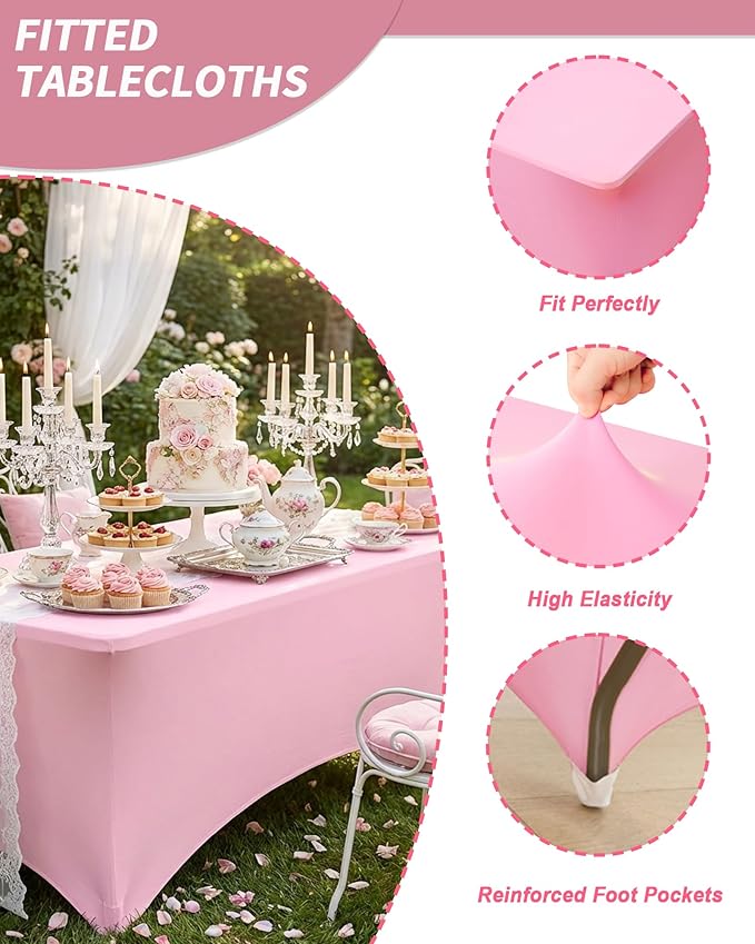 Fixwal 3 Pack Pink Table Cloths Rectangle 8FT, Tablecloths Rectangular Stretch Spandex Fitted Table Covers 8ft for Parties, Trade Shows, Banquet, Weddings, Buffet, Graduation