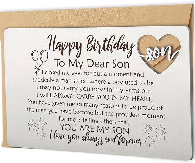 YODOCAMP Happy Birthday Son Gifts from Mom, Metal Engraved Greeting Card for Birthday, Son Wallet Insert Card from Parents