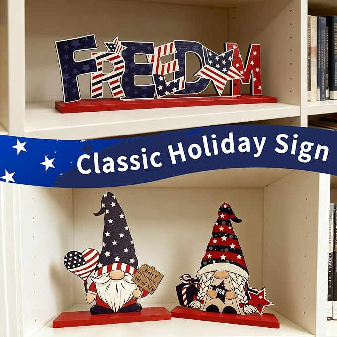 4th of July Table Decorations Patriotic Desk Decor 3 Pcs Wooden Gnomes Freedom Memorial Day Red White and Blue Decor