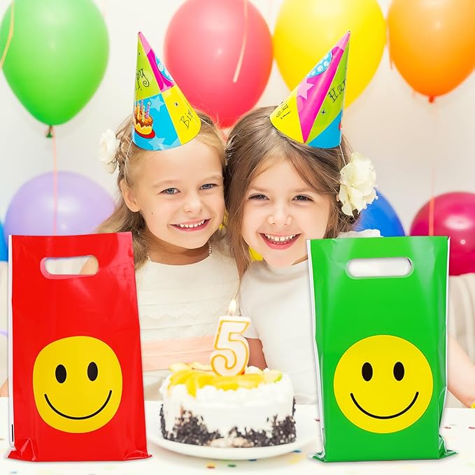 Whaline 200Pcs Rainbow Smile Face Party Favor Bag Colorful Plastic Treat Bags with Handles Candy Goodie Bags for Birthday Baby Shower Snack Cookie Packing
