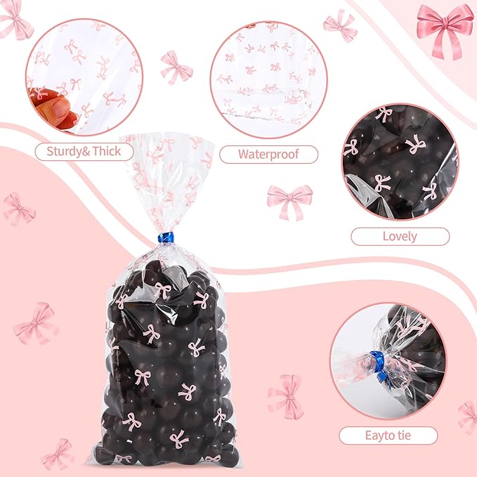 SOMIOCO Clear Cello Cellophane Treat Party Favor Bags Pink Candy Cookie Plastic gift Goodie Bags with Twist Tie for Birthday,Baby shower,Wedding,Party(Bow Pattern) 100 PCS 4X9 In