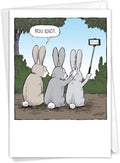 NobleWorks - 1 Humor Birthday Card with Envelope - Funny Cartoons for Birthday Greetings, Celebration Notecard - Bunny Selfies C2750BDG