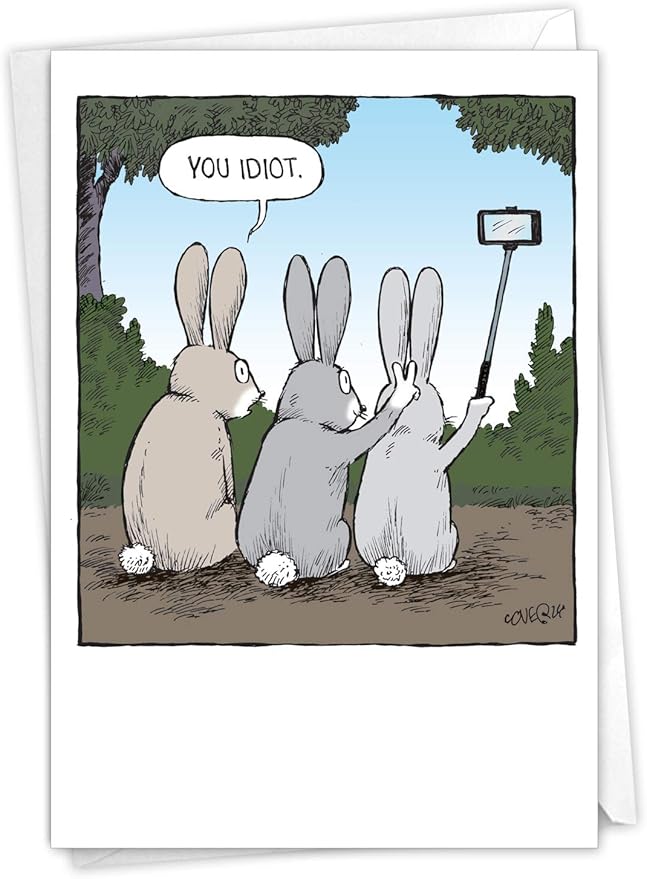 NobleWorks - 1 Humor Birthday Card with Envelope - Funny Cartoons for Birthday Greetings, Celebration Notecard - Bunny Selfies C2750BDG