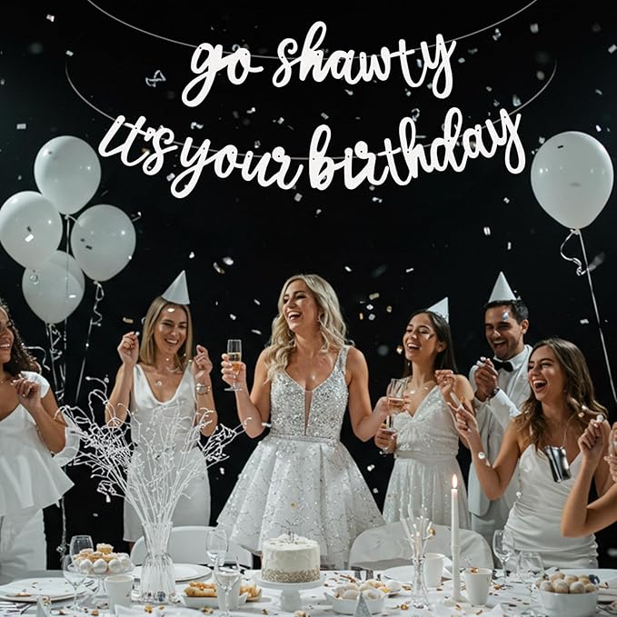 BEISHIDA Go Shawty It's Your Birthday Banner NO DIY Hip Hop Theme Happy Birthday Banner Pre-Strung Rap Theme Happy Birthday Sign for Man Women birthday Party Supply Glitter White