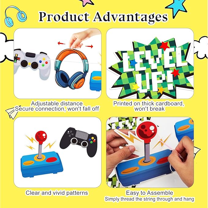 Video Game Happy Birthday Banner - Game On Controllers GamePad Birthday Decorations Party Decor Supplies for Kids, Boys, Girls, Baby Showers