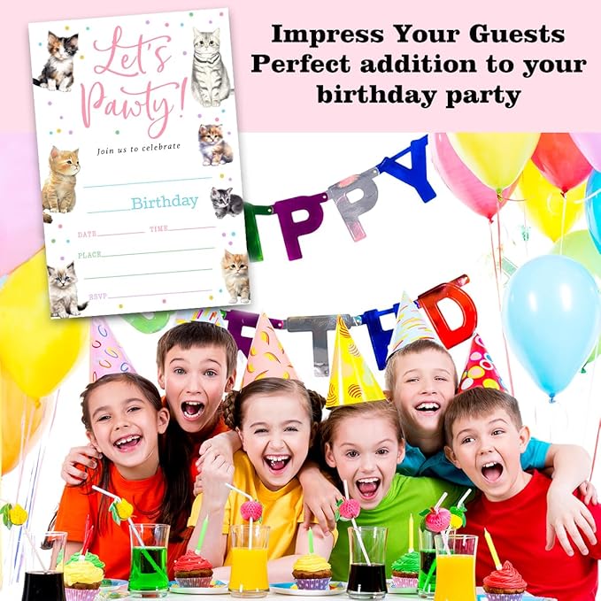 Cat Birthday Party Invitation Cards For Girls Boys Kids, Let's Pawty Birthday Party Supplies Favors, 20 Fill-In Invitation Cards with Envelopes -20