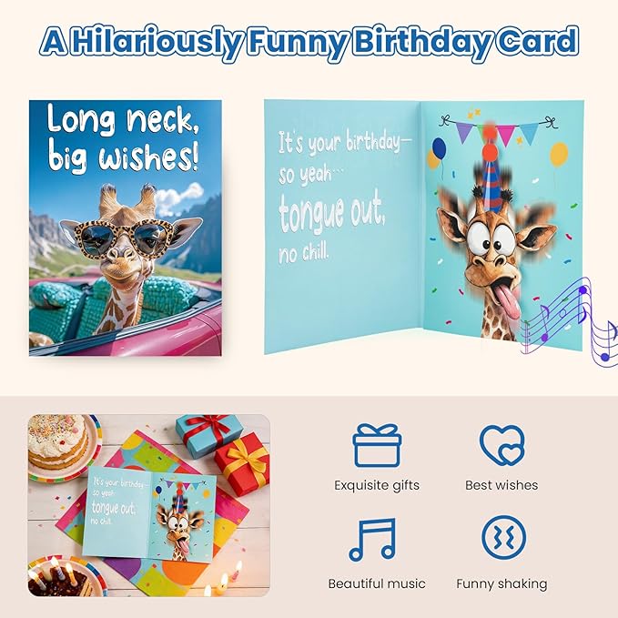 Funny Birthday Cards with Sound & Motion, Musical Shaking Giraffe Interactive Greeting Card for Women Men Kids, Happy Birthday Card with Envelope for Family Friends Coworker, 5.9 x 7.9 in