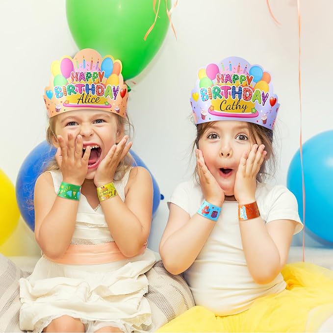 Yunsailing 108 Pcs Happy Birthday Party Supplies for Kids Include 36 Birthday Paper Crowns 36 Badge Stickers and Slap Bracelets for Classroom School Party Supply(Fresh Color)