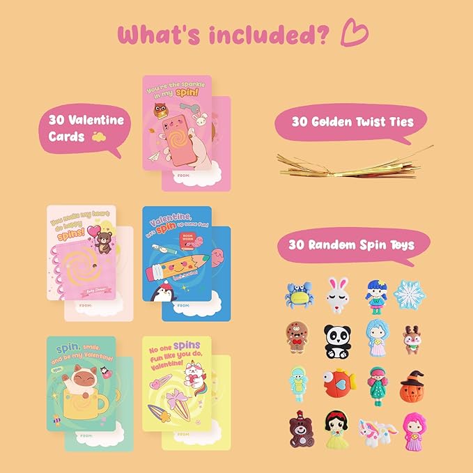 DG-Direct 30 Pack Valentines Day Gifts for Kids, Valentines Day Cards with Mini Spinning Pencil Top Toys, Valentine School Classroom Exchange Prizes, Valentine Party Favor Toy Set