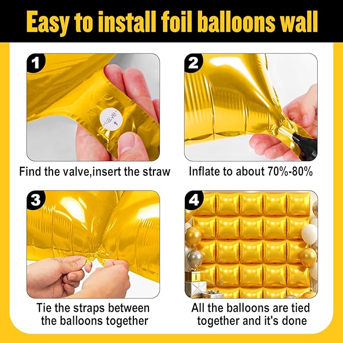25Pcs Gold Square Foil Balloons Wall Backdrop, Double Sided Metallic Foil Balloons Tunnel Arch Garland Kit for Photo Booth Birthday Wedding Graduation Halloween Party Decorations