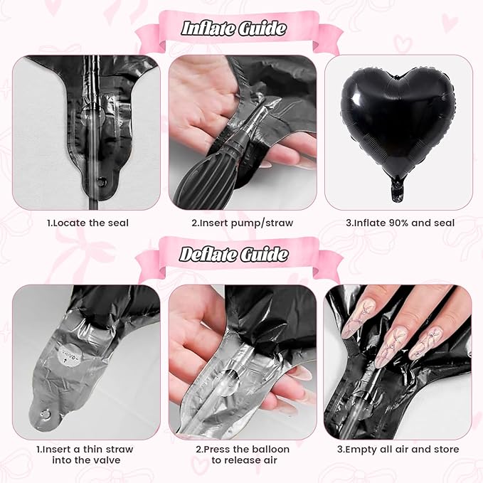 Pink and Black Heart Balloons, 38 Inch Bow Balloons, Black Hot Pink Pastel Balloon with Bow Ribbons for Women Birthday Anniversary Wedding Bridal Baby Shower Valentines Day Decorations